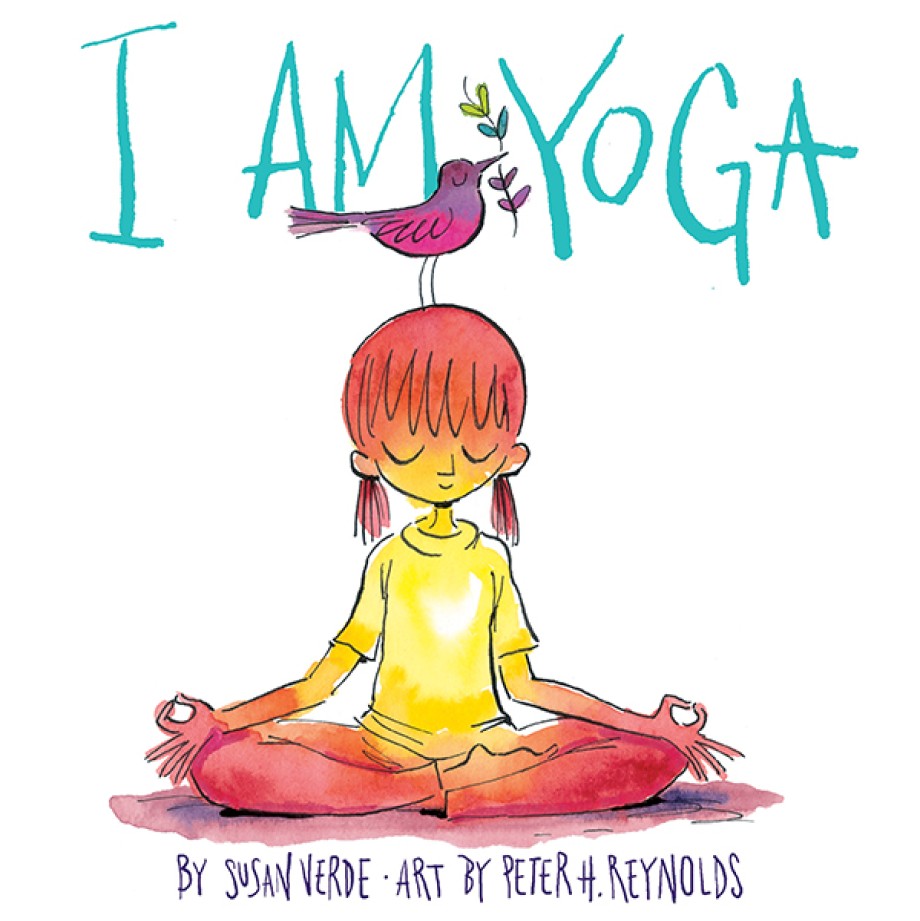 Centered against a plain white background, a young girl with red hair tied into low pigtails sits cross-legged in a meditative yoga pose. She wears a simple yellow short-sleeved t-shirt and orange pants. Her eyes are peacefully closed, her head is slightly tilted up, and her hands rest gently on her knees with her thumbs and index fingers touching in a classic mudra position.Perched directly on top of her head is a whimsical pink bird holding a small green branch with leaves in its beak. Above the illustration, the title 