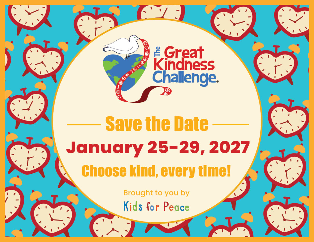 The background features a repeating pattern of whimsical, heart-shaped red alarm clocks with yellow bells and feet, set against a bright turquoise backdrop.Centered within a large off-white circle is the main event information:Top: The event logo features a white dove perched on a blue and green heart shaped like a globe, trailing a red and blue ribbon decorated with various peace and kindness symbols. Next to it, the text reads 