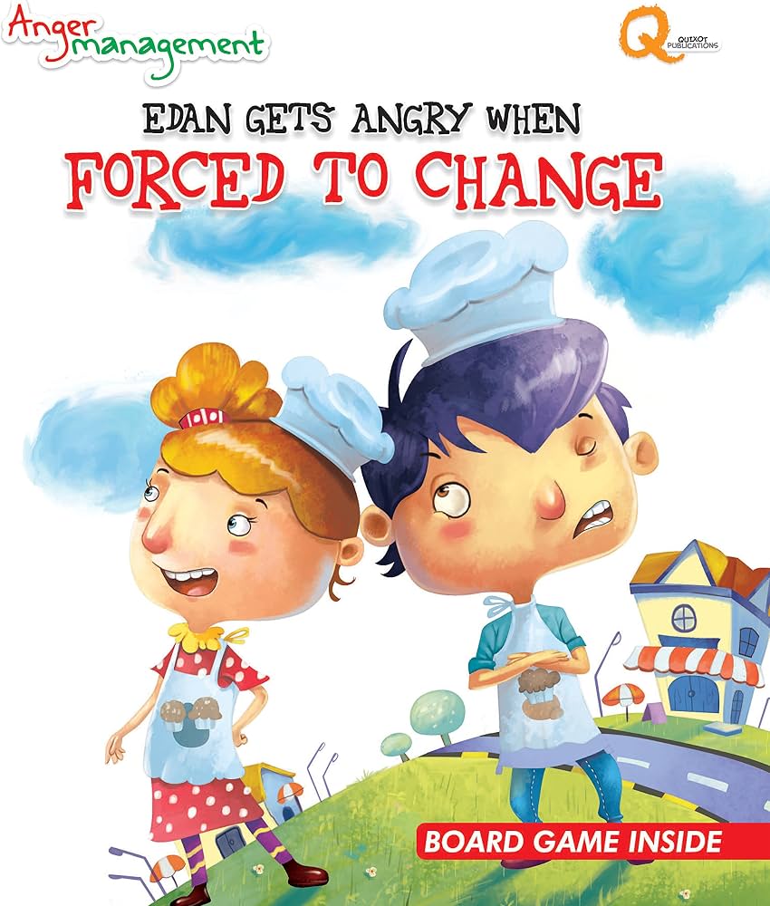 An illustration featuring two cartoon characters, a girl and a boy, dressed as bakers on a bright, sunny day with a blue sky and white clouds.  * The Girl: On the left, a smiling girl with fair skin, large eyes, and rosy cheeks is turned toward the boy. She has orange hair styled up with a small gold tiara, a chef's hat perched behind it, and wears a red patterned blouse, a white apron featuring two cupcakes, and purple boots. * The Boy: On the right, a boy named Edan looks upset or resistant, looking down and away from the girl with a slight scowl. He has fair skin, dark purple hair, wears a large white chef's hat, a blue t-shirt, blue jeans, and a white apron matching the girl's. * The Background: They stand on a green grassy hill. In the lower right background, there is a small two-story building resembling a bakery or cafe next to a paved road. * The Text: At the top left, stylized green and red text reads 